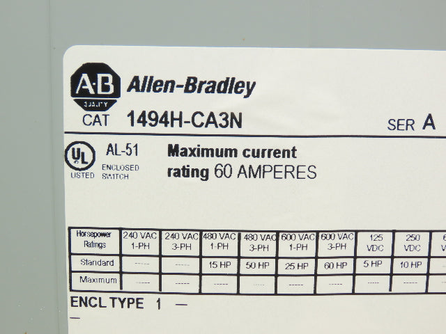 Allen Bradley 1494H-CA3N 1494H-CA3N Safety Disconnect Switch 60A 600VAC