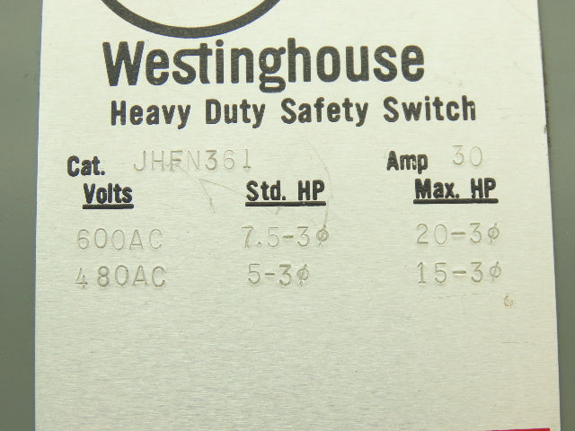 Westinghouse JHFN361 Safety Disconnect Switch 30A 600VAC