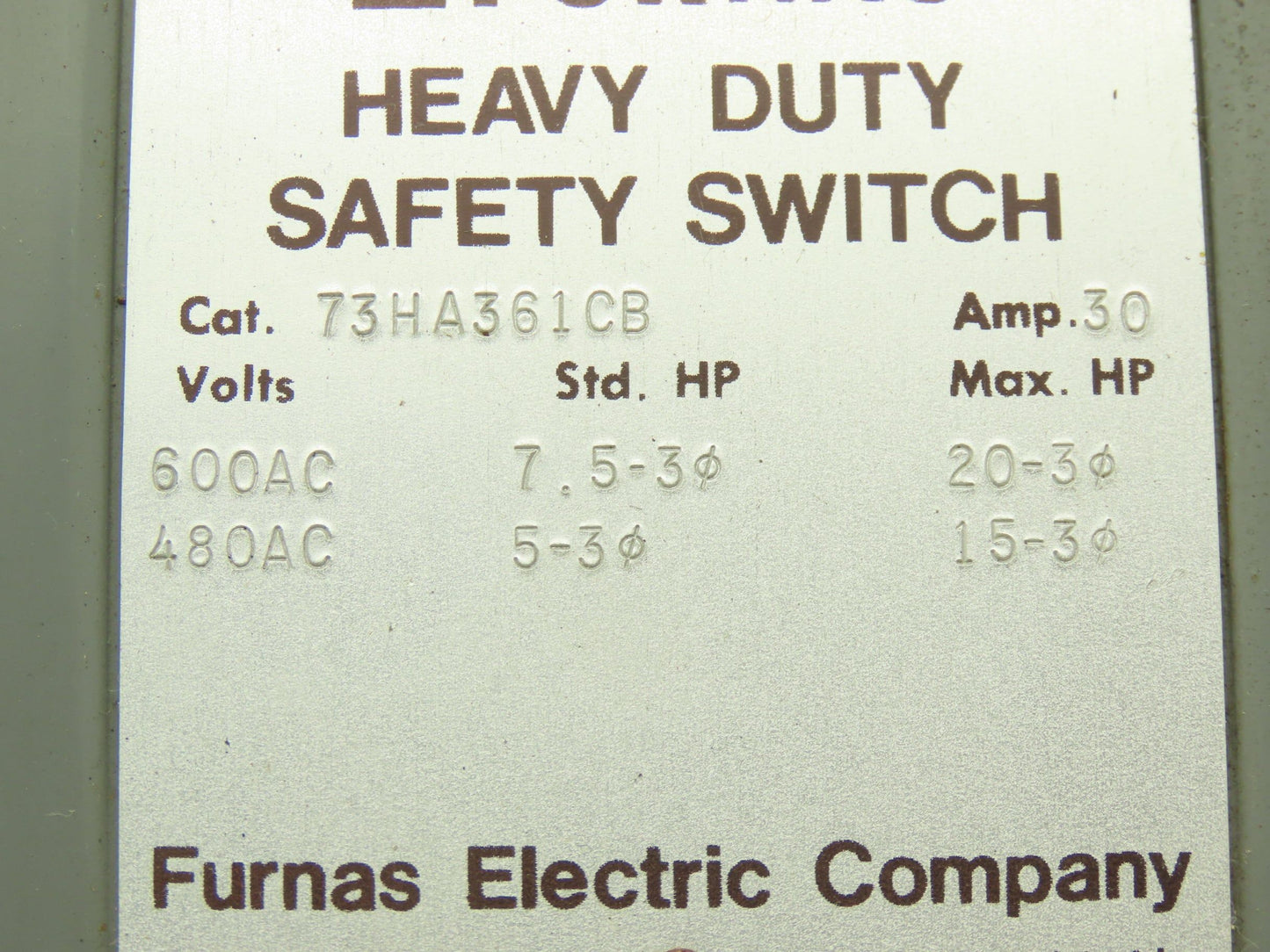 Furnas 73HA361CB Safety Disconnect Switch Fused 30A 600VAC