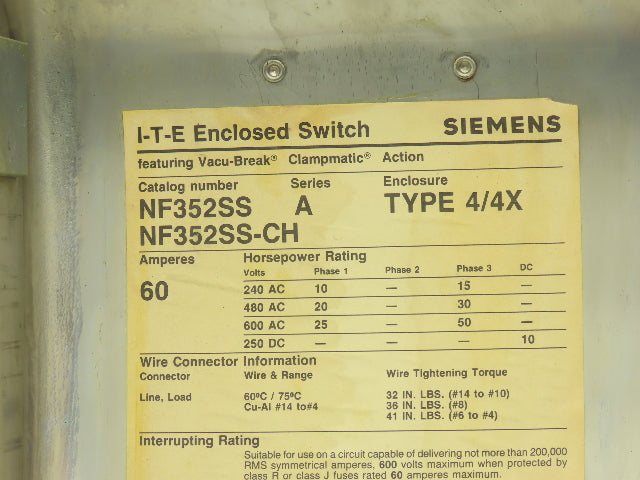 Siemens NF352SS-CH Safety Switch Disconnect Non Fused Stainless Steel 600V 60A