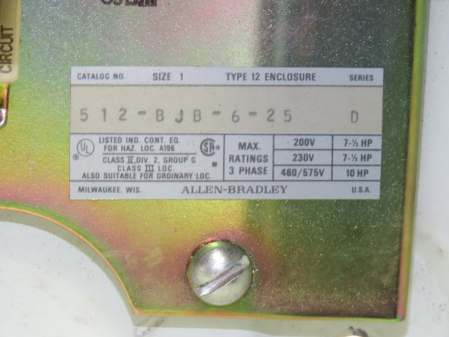 Allen Bradley 512-BJB-6-25 Combination Starter NEMA Size 1 Fusible 10HP 600V 3ph