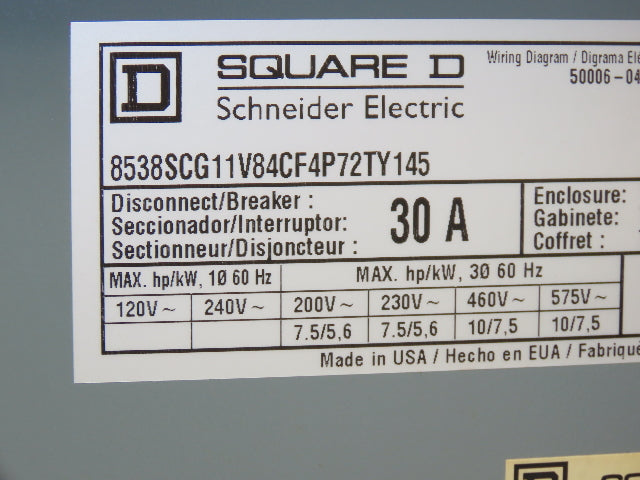 Square D Combination Motor Starter Non Fusible 10HP 600V 3ph 120V Coil
