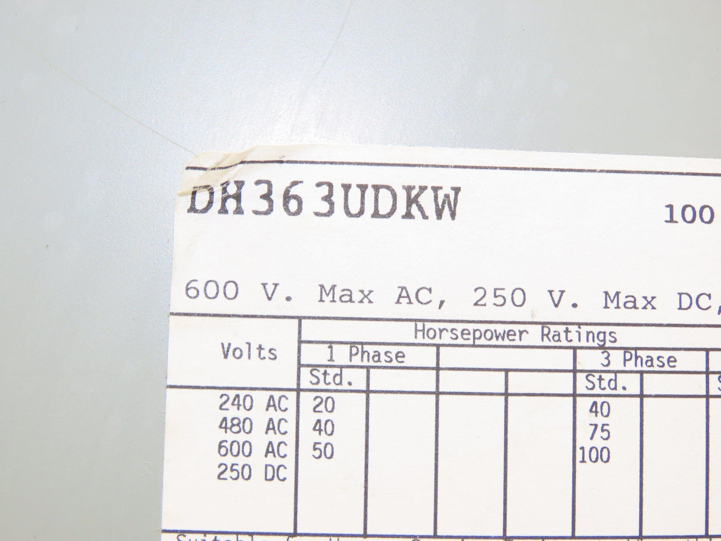 Cutler Hammer Eaton DH363UDKW Safety Disconnect Switch 100A 600V 3Ph Non Fused