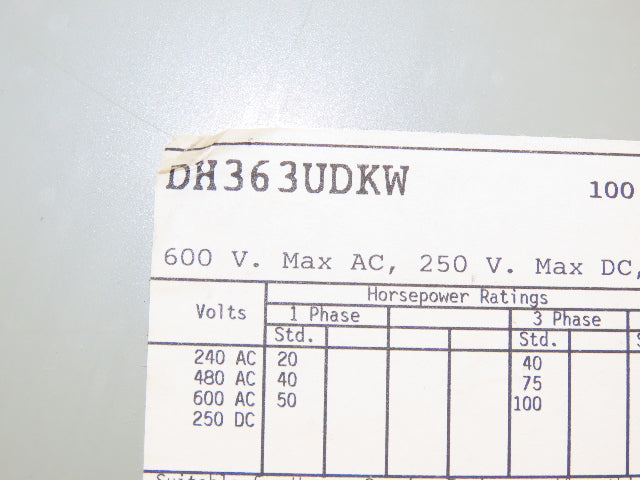 Cutler Hammer Eaton DH363UDKW Safety Disconnect Switch 100A 600V 3Ph Non Fused