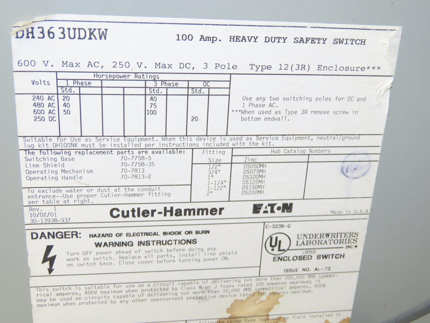Cutler Hammer Eaton DH363UDKW Safety Disconnect Switch 100A 600V 3Ph Non Fused