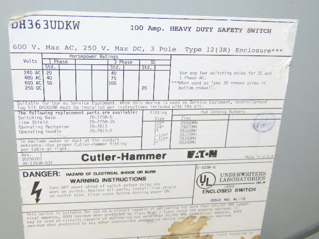 Cutler Hammer Eaton DH363UDKW Safety Disconnect Switch 100A 600V 3Ph Non Fused