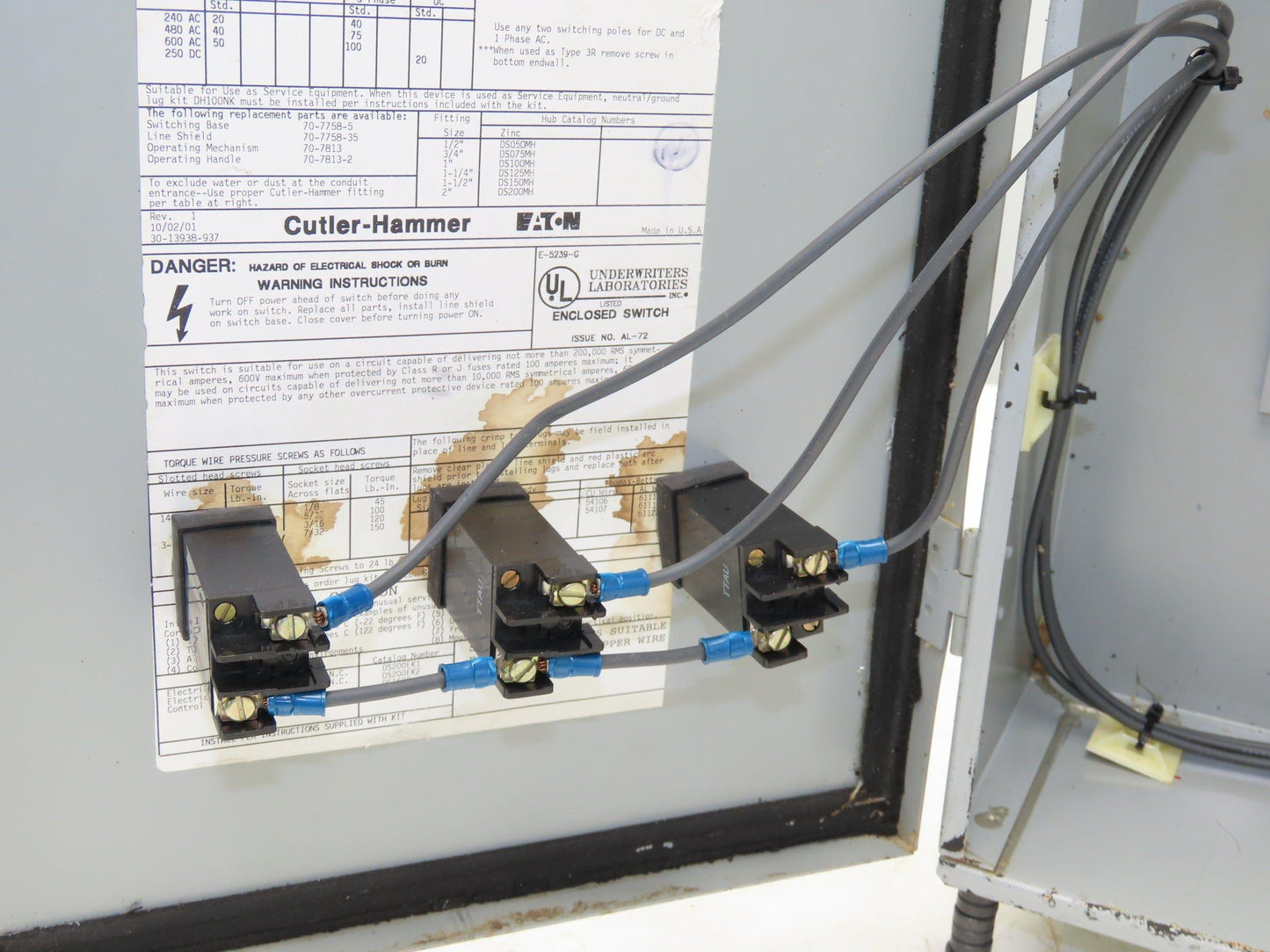 Cutler Hammer Eaton DH363UDKW Safety Disconnect Switch 100A 600V 3Ph Non Fused