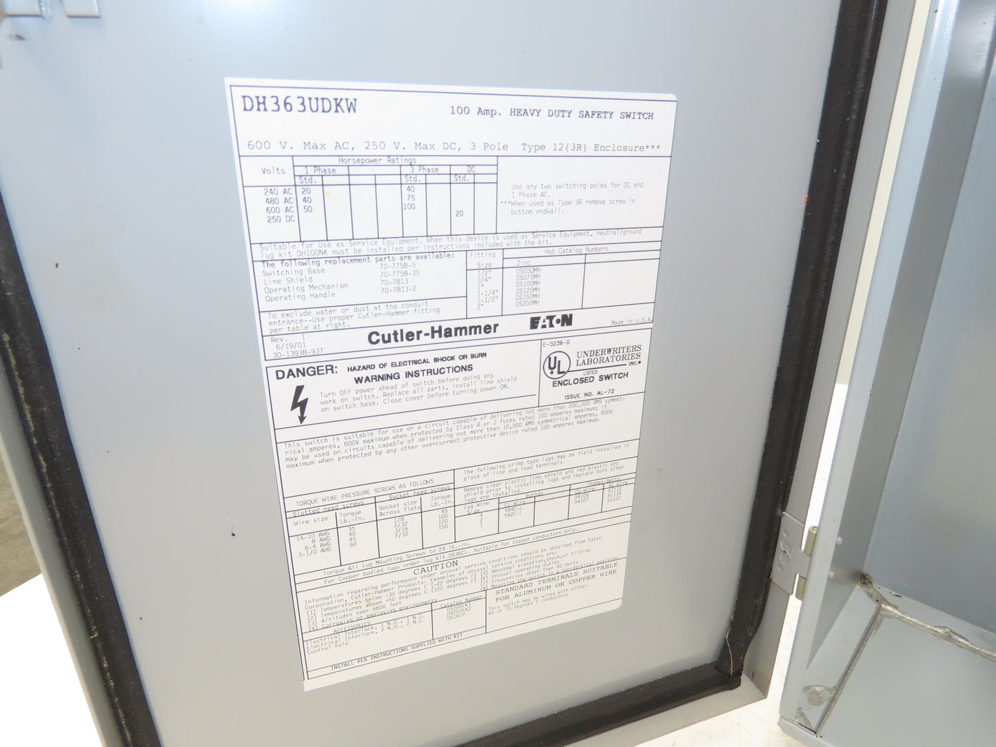 Cutler Hammer Eaton DH363UDKW Safety Disconnect Switch 100A 600V 3Ph Fused