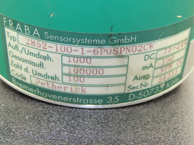 Fraba 2852-100-1-6P0SPN02CW Rotary Encoder 1000ppr 15-24vdc 6mm Shaft