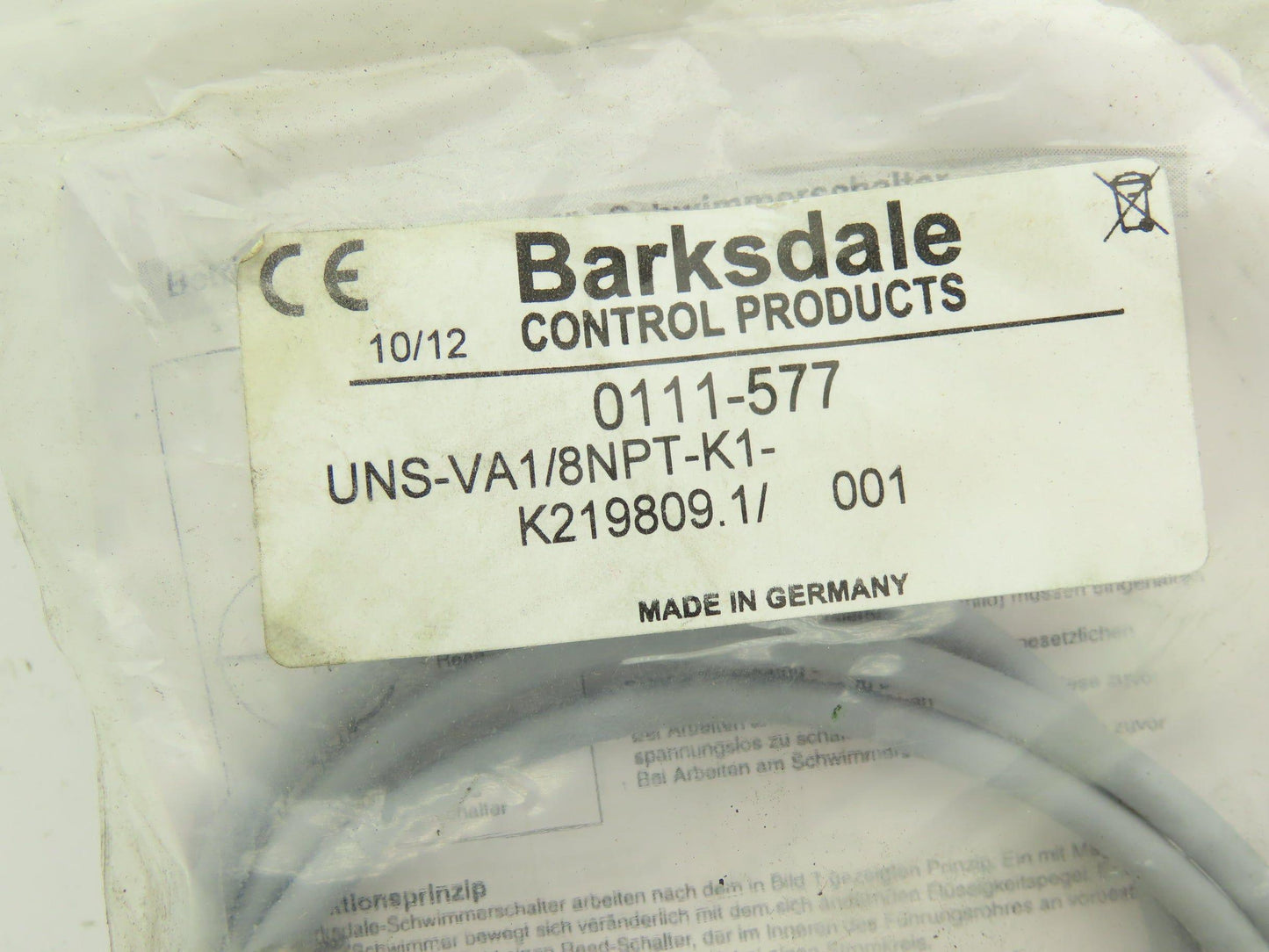 Barksdale 0111-577 Level Switch 10VA SPST w/24" Pigtail