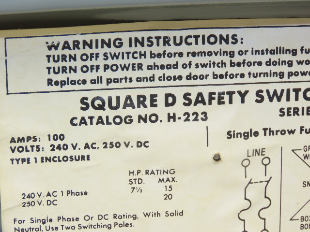 Square D H-223 Safety Disconnect Switch 100A 250VAC Fused 20HP