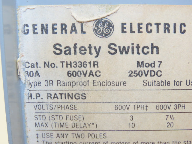 General Electric TH3361R Model 7 GE Safety Disconnect Switch 30A 600VAC Fused