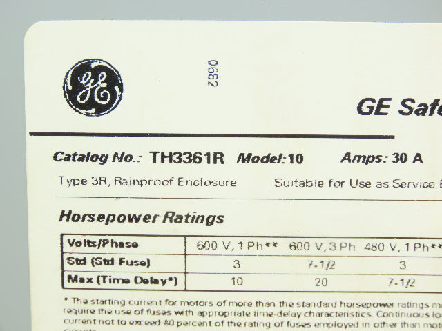 General Electric TH3361R Model 10 GE Safety Disconnect Switch 30A 600VAC Fused