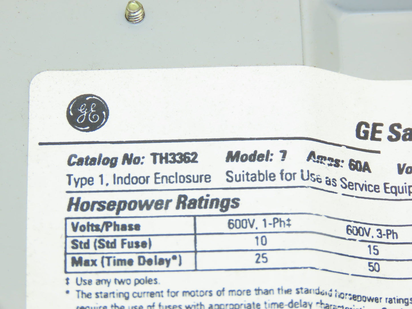 General Electric TH3362 Model 7 GE Safety Disconnect Switch 60A 600VAC