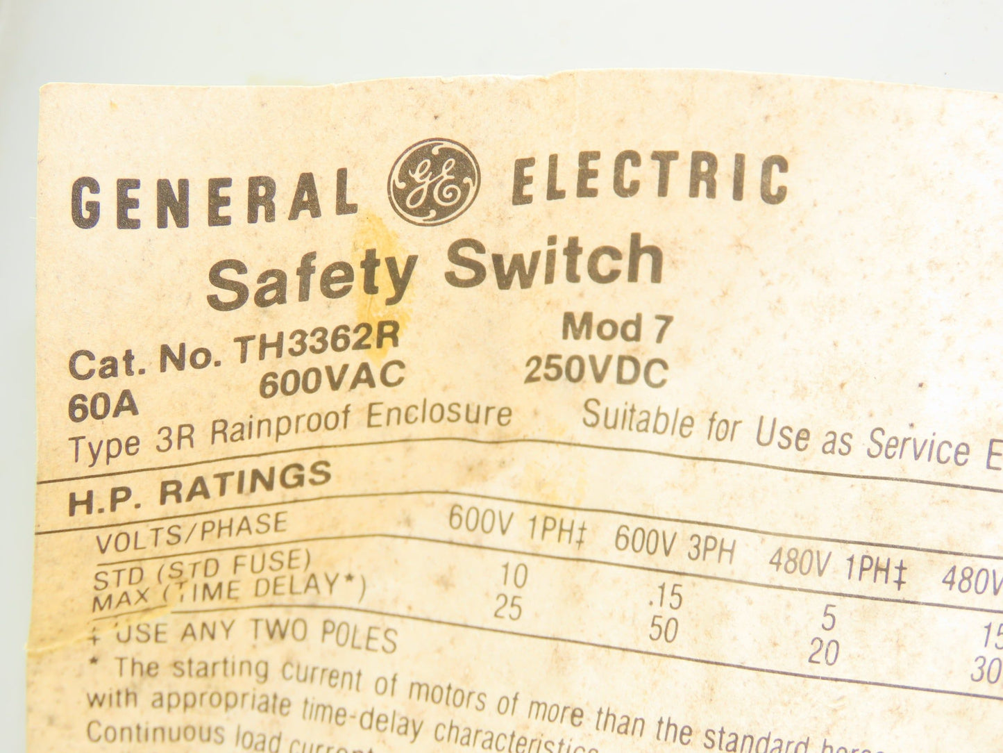 General Electric TH3362R Model 7 GE Safety Disconnect Switch 60A 600VAC