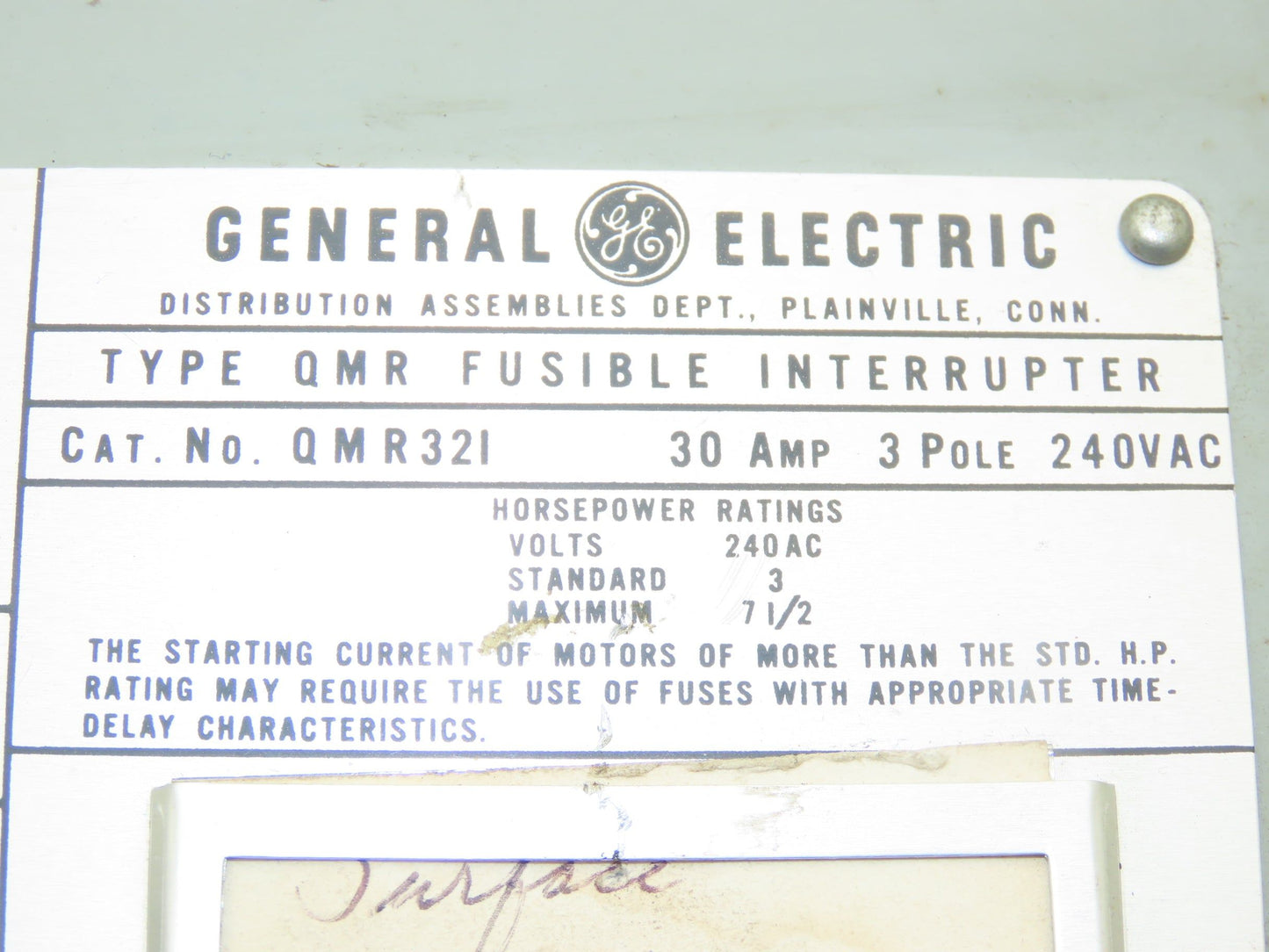 General Electric QMR321 & QMR321L Fusible Interrupter 30A 3Pole 240VAC