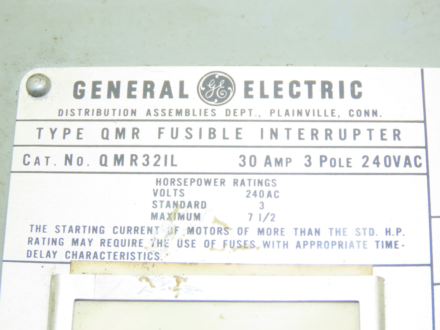 General Electric QMR321 & QMR321L Fusible Interrupter 30A 3Pole 240VAC