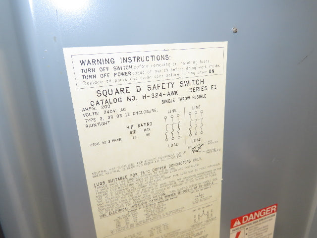 Square D H-324-AWK Fusible Safety Disconnect Switch 200A 240V 3Ph 60Hp