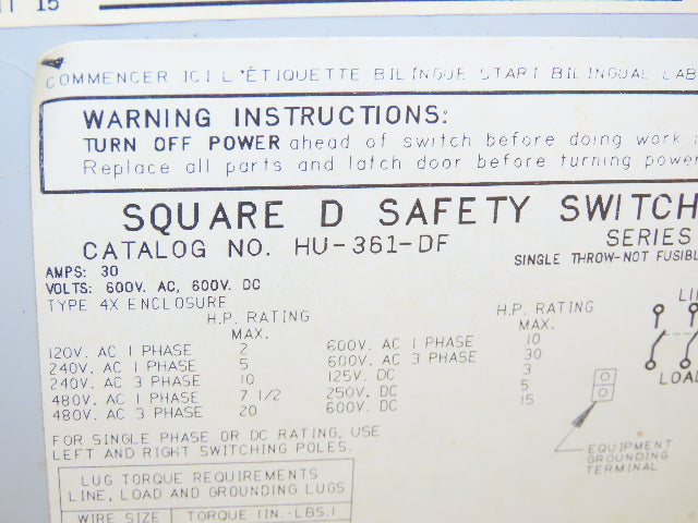 Square D HU-361-DF Safety Disconnect Switch 30A 600VAC 30HP 3Ph Non Fused