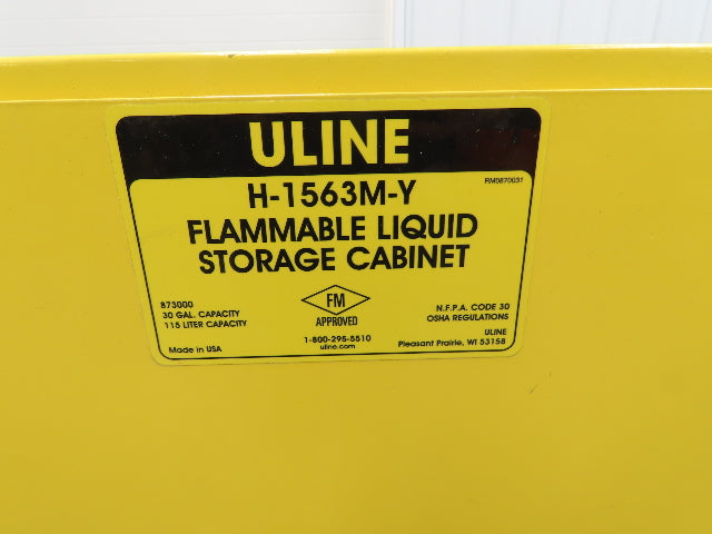 Uline H-1563M-Y Yellow Flammable Safety Cabinet Dual Door 30 Gallon Liquid