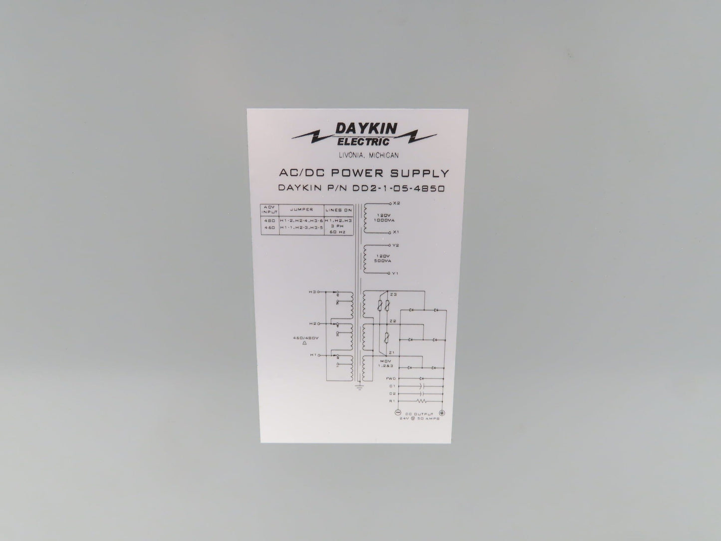 Daykin DD2-1-05-4850 AC/DC Power Supply Transformer 480V 3PH - 120V/24VDC Output
