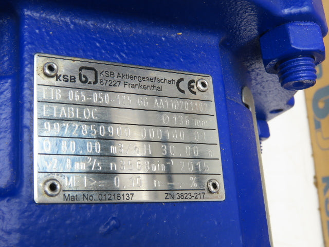 KSB ETB 065-050-125 GG AA11D201102 Etabloc Centrifugal Pump 80m³/h 12kw 460V 3PH