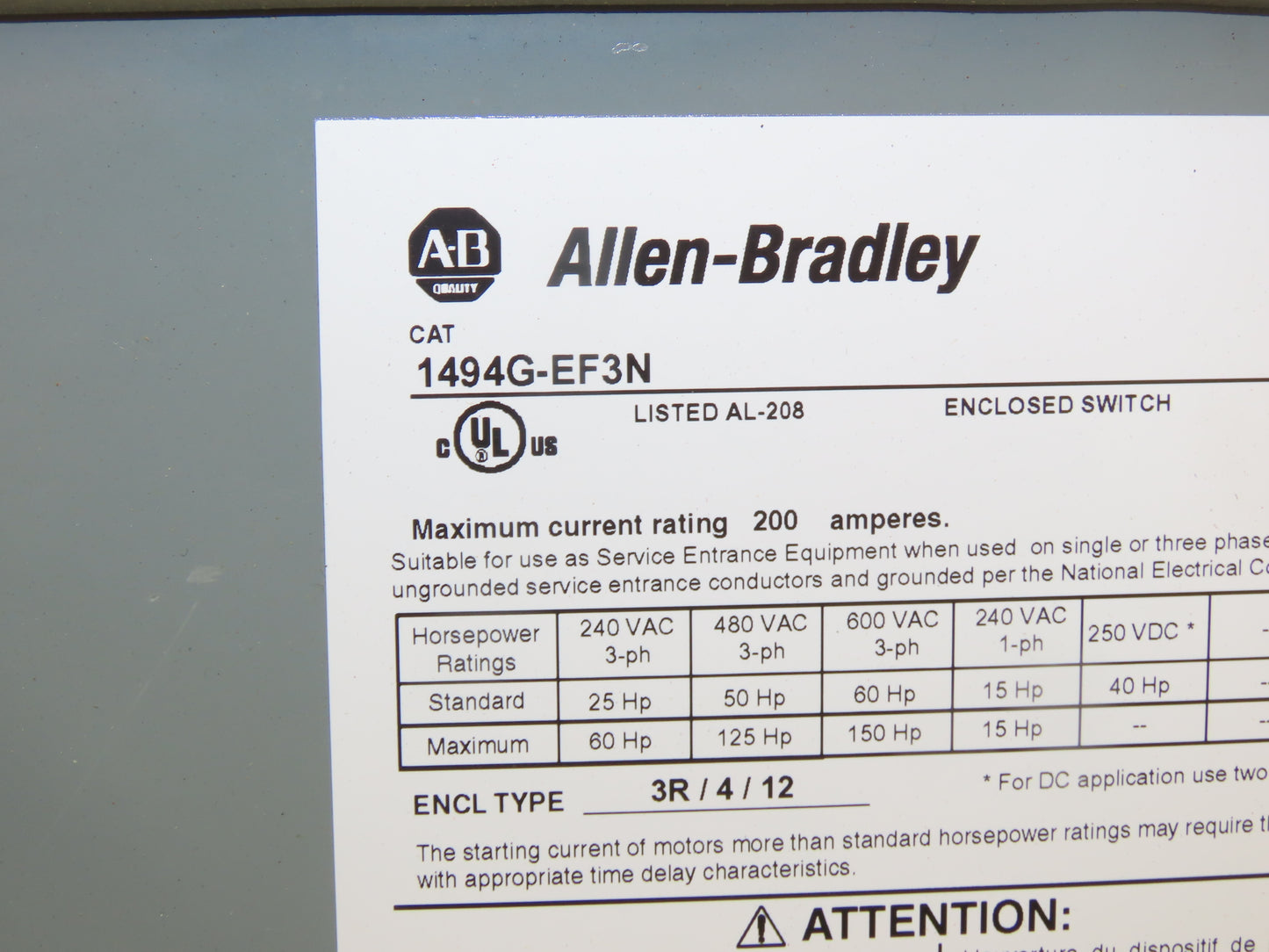 Allen Bradley 1494G-EF3N Combination Starter 200A 150HP 600V 3ph No Starter
