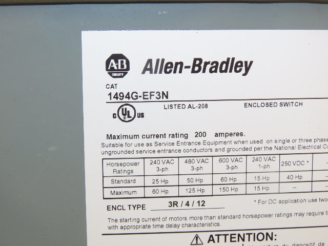 Allen Bradley 1494G-EF3N Combination Starter 200A 150HP 600V 3ph No Starter