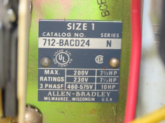 Allen Bradley 712-BACD24 Combination Motor Starter 10HP 600V 3Ph 120V Coil