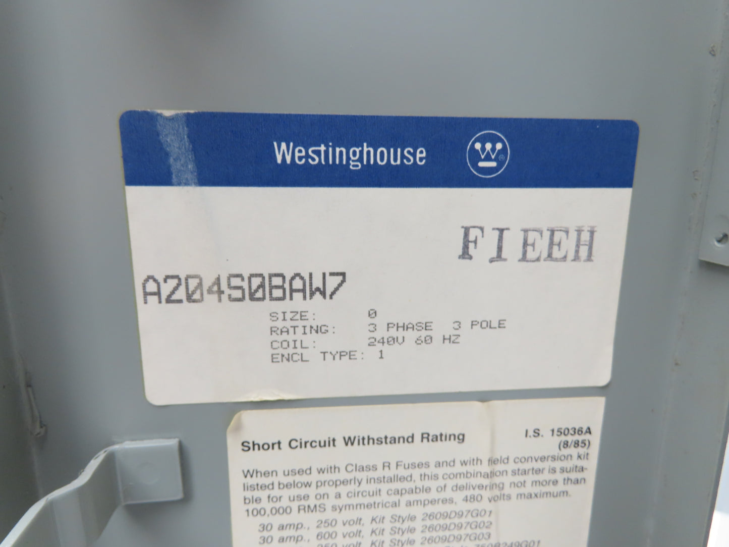 Westinghouse A204S0BAW7 Combination Starter Fusible 600V 3PH 5HP 240V Coil