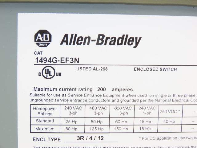 Allen Bradley 1494G-EF3N Combination Starter 200A 150HP 600V 3ph No Starter