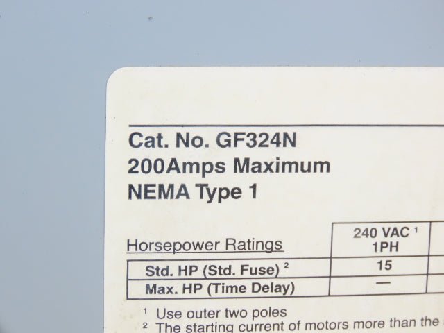 Siemens GF324N Safety Switch Disconnect Fused Stainless Steel 200A 240VAC 60HP