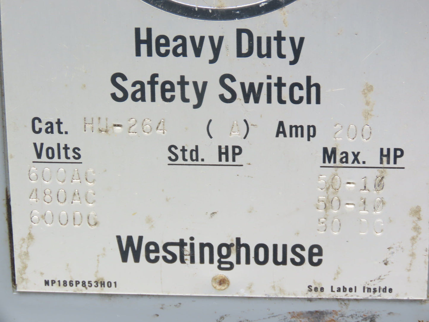 Westinghouse HU-264 Safety Disconnect Switch 200A 600VAC 50HP 3Ph Fused