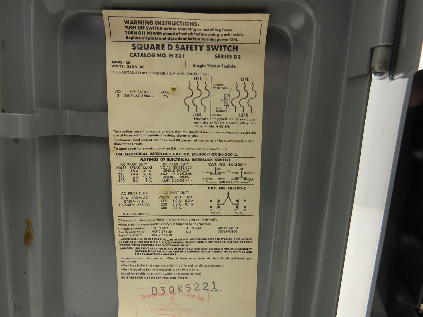 Square D H 321 Fused Safety Disconnect Switch 30A 240VAC 7.5HP 3Ph New