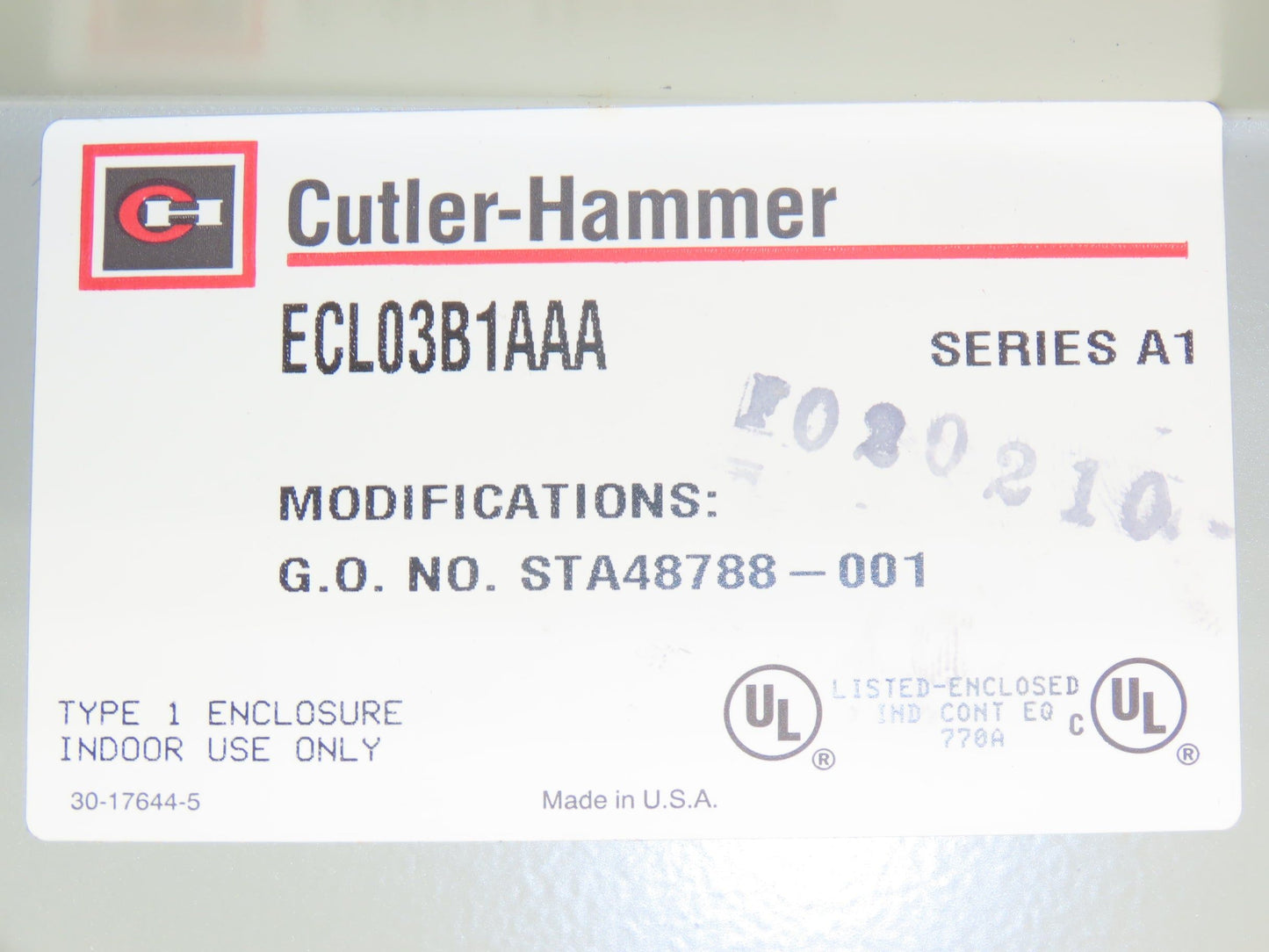 Cuttler Hammer ECL03B1AAA Lighting Contactor Electrical Enclosure No Contactors