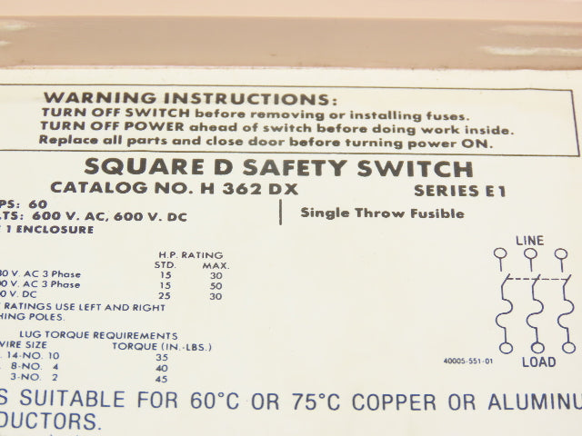 Square D H 362DX Safety Disconnect Switch 60A 600VAC 3Ph Fused