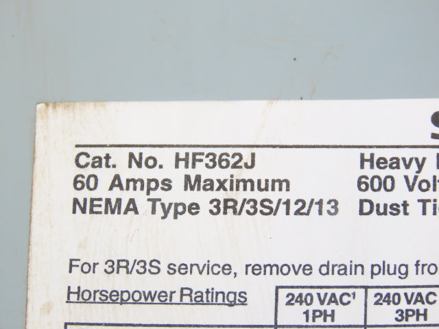 Siemens HF362J Safety Disconnect Switch 60A 3 Pole 600V AC Fusible