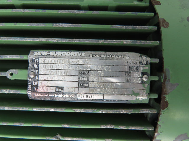 Sew Eurodrive SF60DT90L-4B/Z Brake Gearmotor 1.5kw 56.6 Ratio 30rpm 277/480V 3PH