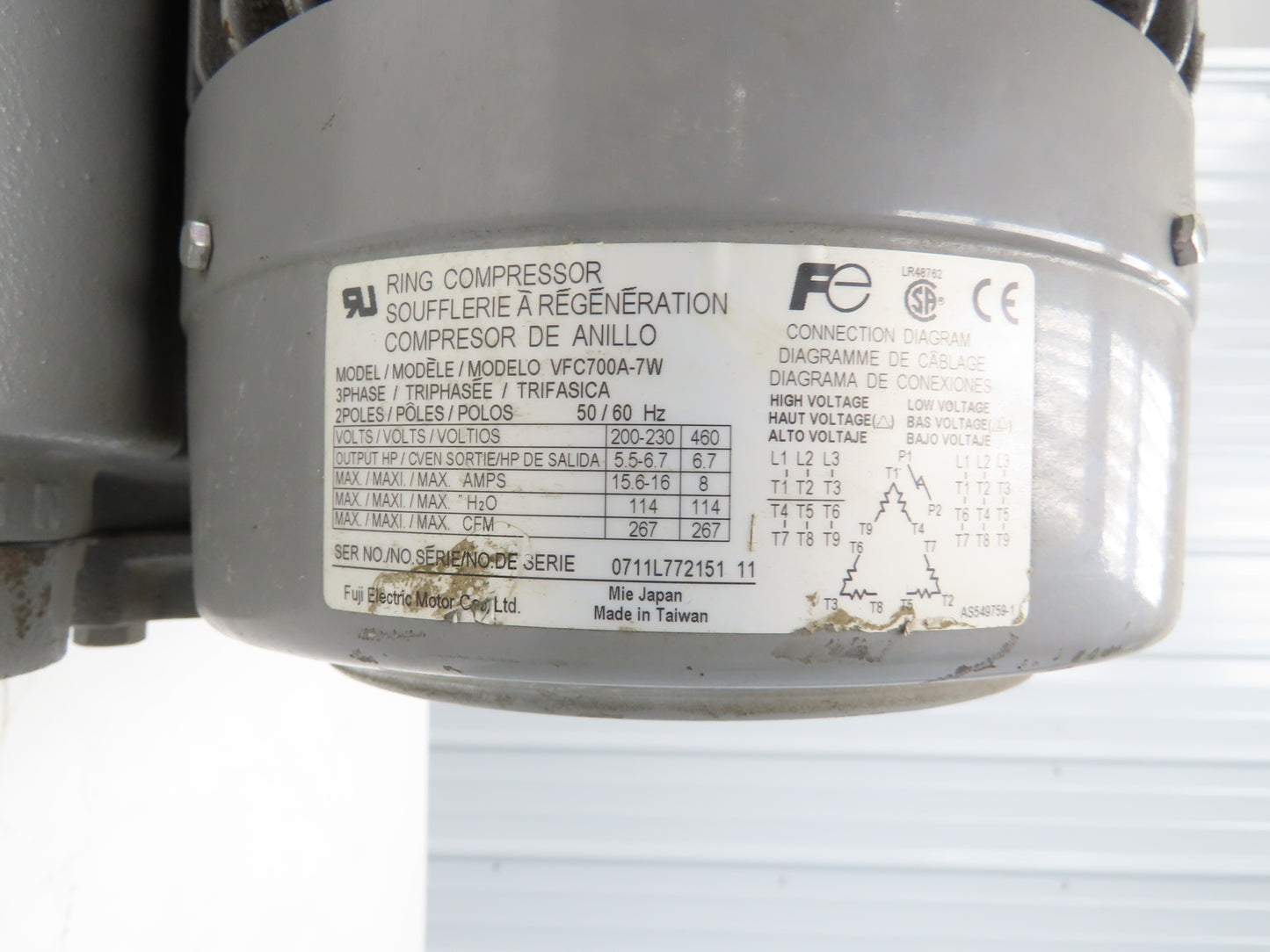 Ring Compressor Regenerative Blower 267cfm 6.7Hp 230/460V 2"NPT