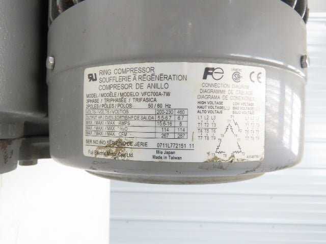 Ring Compressor Regenerative Blower 267cfm 6.7Hp 230/460V 2"NPT