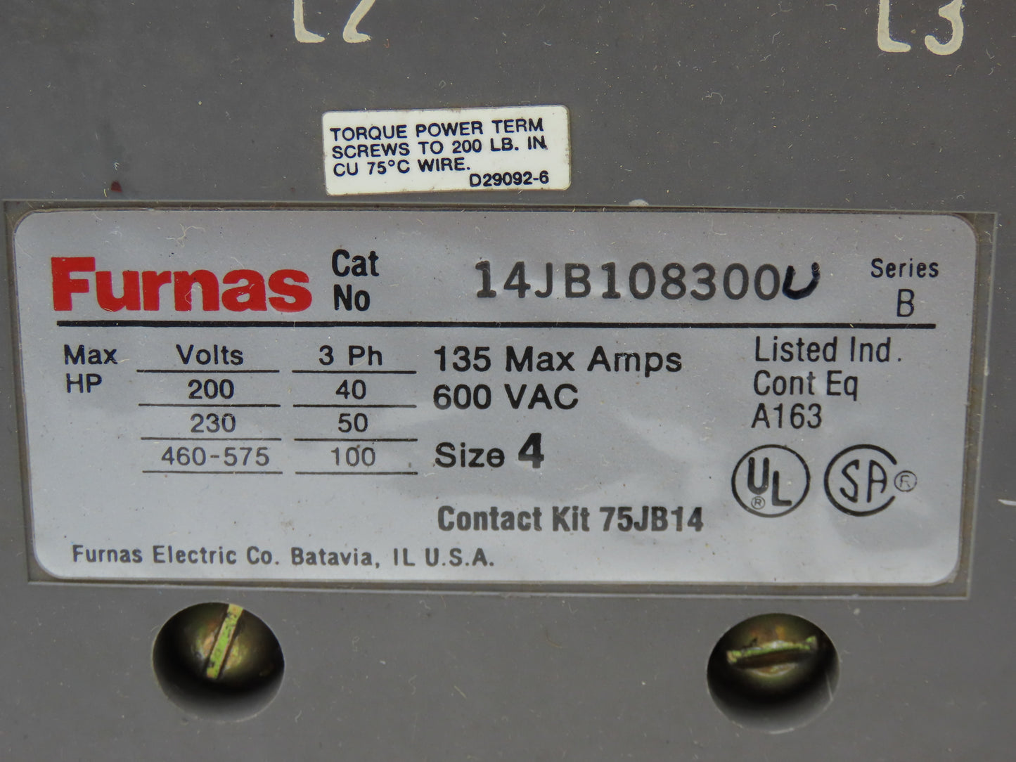 Furnas 14JB108300 Motor Starter 135A 200/230VAC/575VAC 3ph 40/50/100Hp NEMA 4
