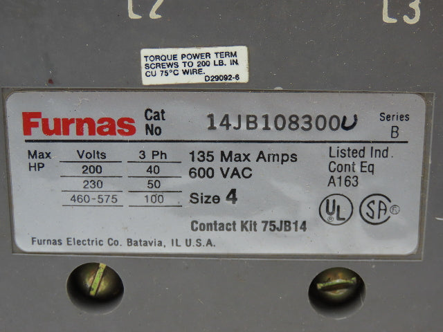 Furnas 14JB108300 Motor Starter 135A 200/230VAC/575VAC 3ph 40/50/100Hp NEMA 4