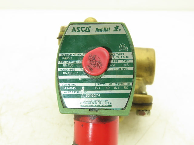 Asco Red-Hat 8316G74 Brass Solenoid Valve 3-Way 3/4"npt 150psi 24V