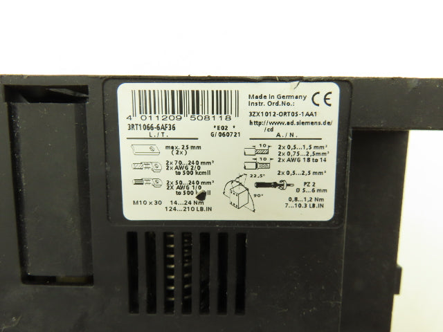 Siemens 3RT1066-6AF36 Motor Starter Contactor 300A 400V 3 Pole 250Hp 120V Coil