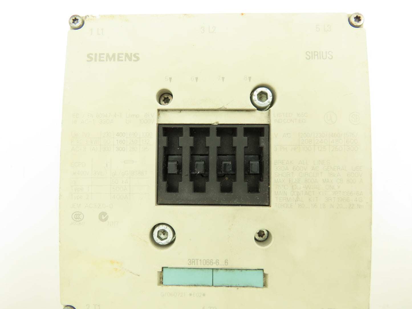 Siemens 3RT1066-6AF36 Motor Starter Contactor 300A 400V 3 Pole 250Hp 120V Coil