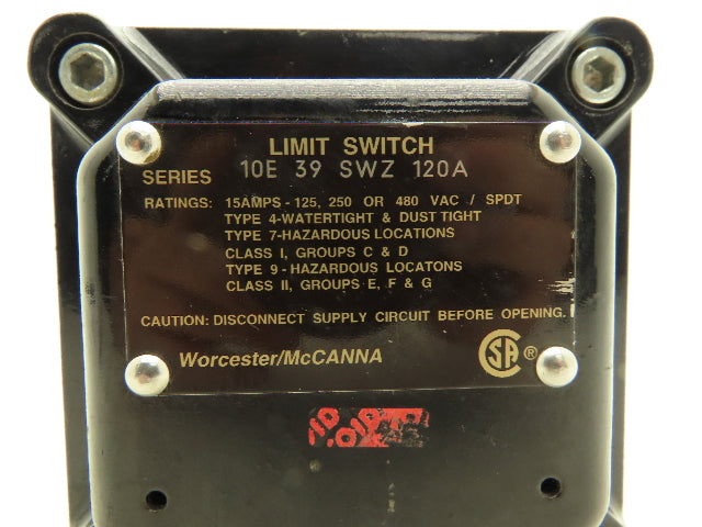Worcestor/McCANNA 10E 39 SWZ 120A Limit Switch 250-480V Hazardous Location