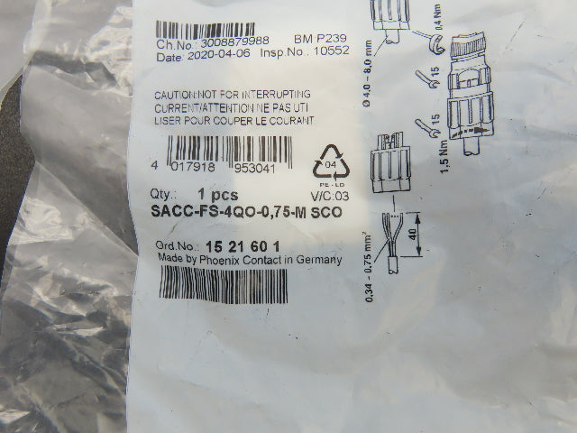 Phoenix Contract SACC-FS-4QO-0,75-M SCO M12 Speedcon Connector 4 Pin Lot of 8