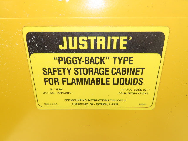 Justrite 25801 Yellow Flammable Safety Cabinet 12-1/2 Gallon Liquid Piggyback