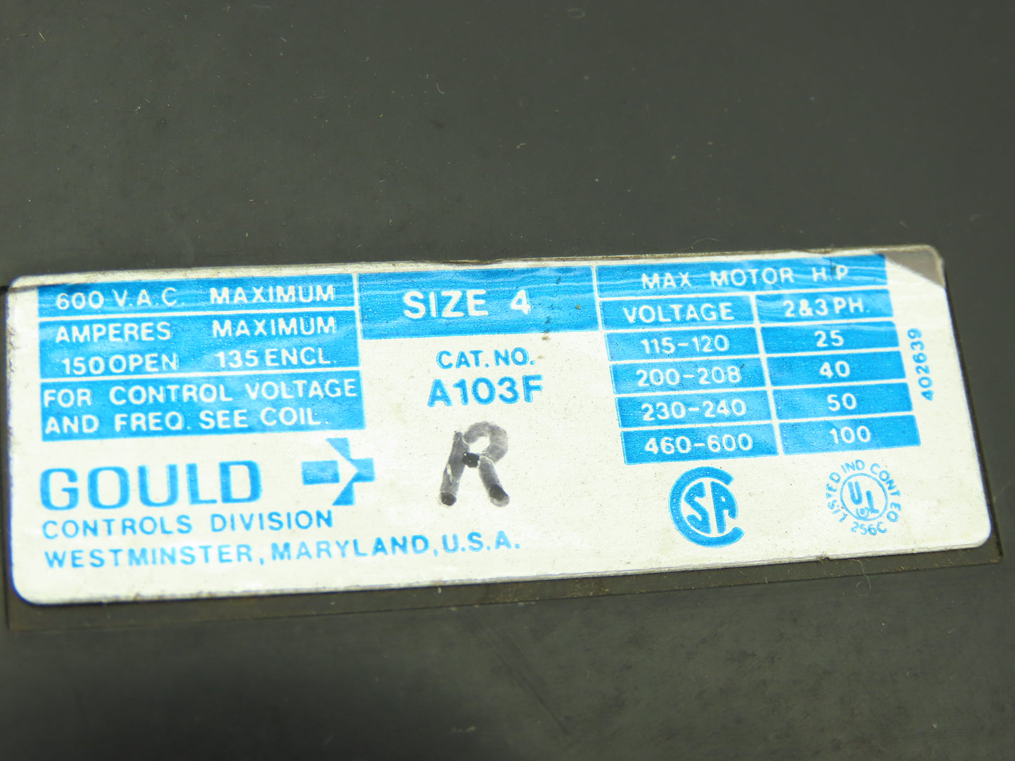 Gould A103F NEMA Size 4 Motor Starter Contactor 600V 135A Coil 120V