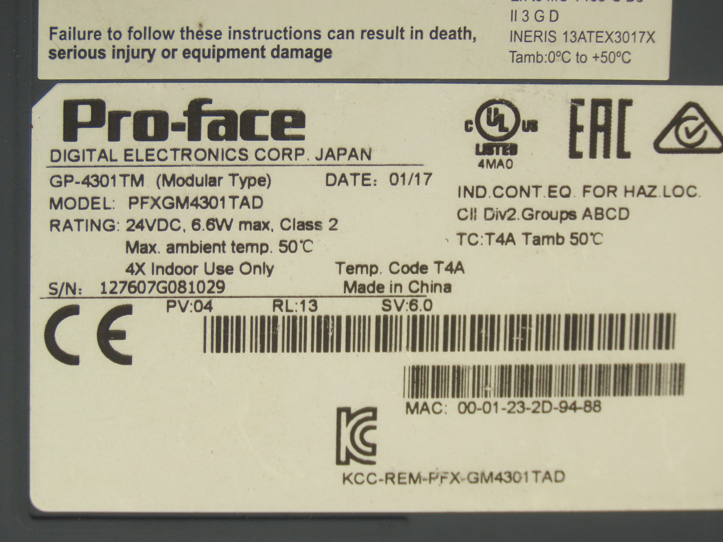 Pro-face PFXGM4301TAD HMI Color Touch Screen Panel Cracked Plastic Read Desc.